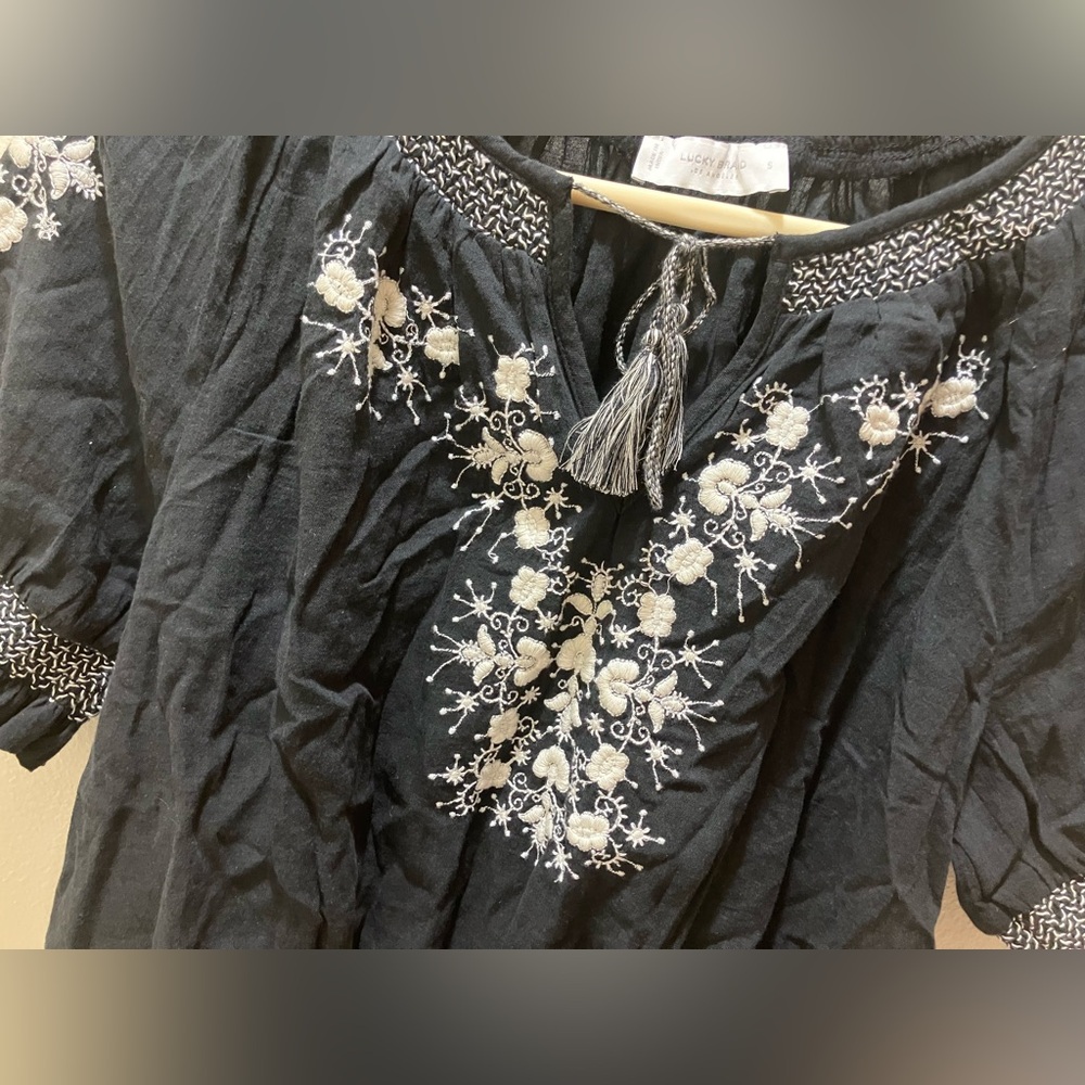 Lucky Brand Black Blouse with White Embroidery - Picture 3 of 13